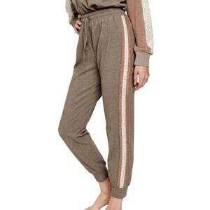 Mystree Jogger Sweatpants Sz L Brown Taupe Side Stripe Animal Print Soft Comfy